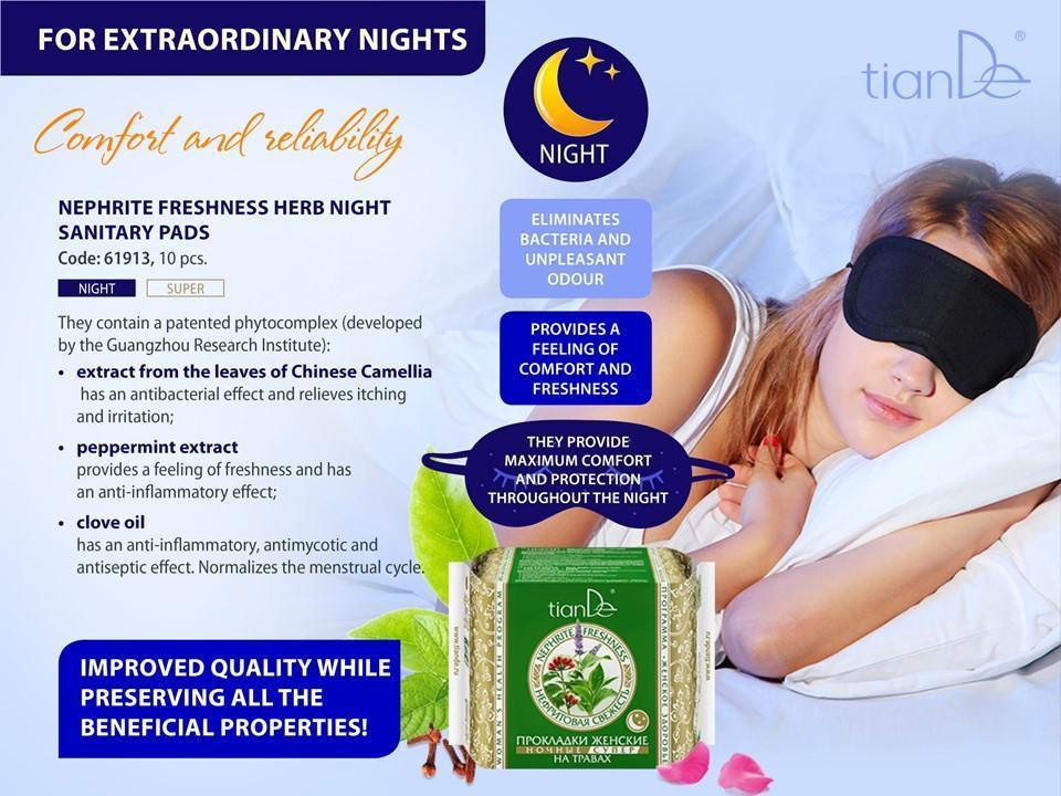 61913 Compresas Femeninas "Frescura de Jade", a Base de Hierbas, Noche, TianDe, 10Un.