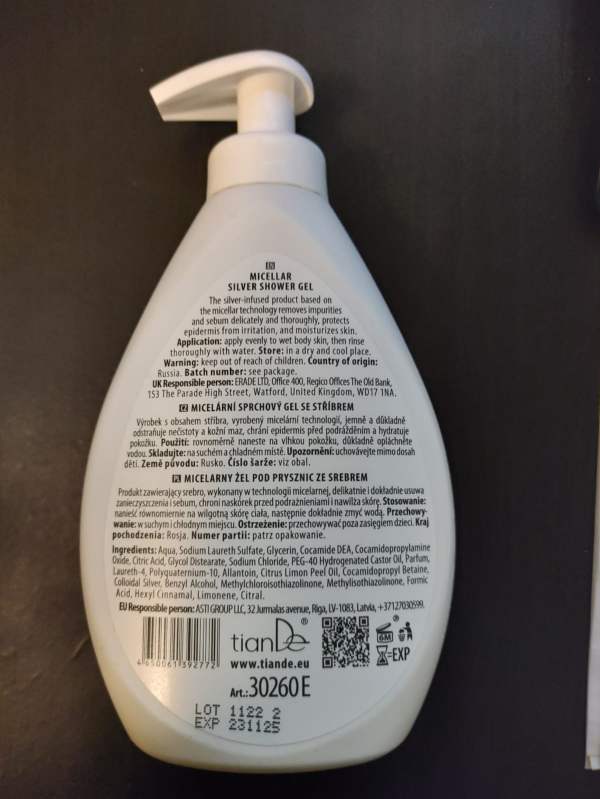 Gel de ducha Micellar Silver, 30260 TianDe, Peso: 300 g, La forma más suave de limpiar el cuerpo